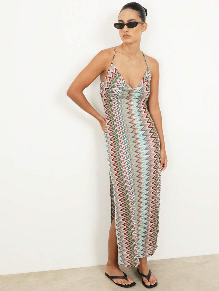 KSTM Halter Neck Zig Zag Print Maxi Dress With Cross Back Straps And Side Slit For Summer Beach Vacation