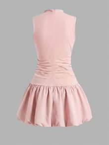 SHEIN Đầm Nova Glow dành cho bé gái tuổi teen, màu hồng trơn, cổ đứng, kiểu dáng thanh lịch, thích hợp cho tiệc độc thân phong cách Y2K, phù hợp mặc hàng ngày, đi học, tựu trường và tốt nghiệp. - Hồng - Xem 3