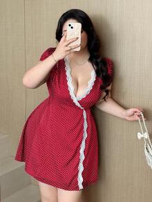 Vibekara Đầm mini nữ kiểu Pháp cổ điển mùa xuân/hè mới, cổ chữ V, ren xếp ly, in chấm bi, dáng rộng, thoải mái, thích hợp cho đi chơi phố hoặc du lịch. - Đỏ - Xem 3
