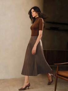 Anewsta 杏色褶皱撞色优雅日常休闲通勤百搭女裙 - 咖啡棕 - 查看 6