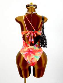 Zestiva Vestido de una pieza con estampado floral, accesorio circular, tirantes irregulares y huecos, espalda descubierta, traje de baño triangular sexy, conjunto de dos piezas para vacaciones de primavera y verano en la playa - Multicolor - Ver 6