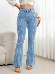 EMERY ROSE Quần jeans ống loe nữ, có túi, cài nút, gấu quần rách, kiểu dáng thường ngày, đa năng, phù hợp đi làm. - Màu xanh lam - Xem 4