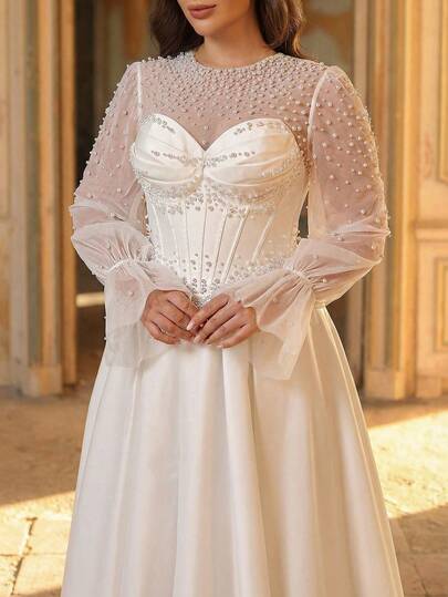 Aureia Vestido de novia de talla grande elegante, lujoso y romántico de satén blanco con mangas transparentes, cuello en V bordado, cintura plisada y falda de talla grande para eventos nupciales