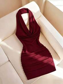 SHEIN Elenzya Wine Red Women's Fitted Textured Pleated Versatile Elegant Design Dress - Burgundy - View 5