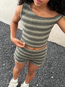 Coolane Kids 2件組 青少年女孩夏季休閒度假不對稱單肩修身上衣與超低腰緊身短褲套裝，適合派對、聖誕節、約會之夜、夜店、波希米亞風、度假，青少年夏季短套裝，復古穿搭 - 軍綠色 - 查看 4