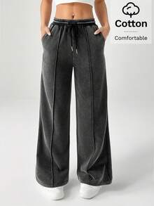 SHEIN PETITE Pantalones de chándal de pierna ancha con cordón para mujer con efecto desteñido - Negro - Ver 7