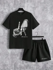 StoneGrade 洛杉矶 LA 字母手势徽标印花时尚街头服饰男士黑色 T 恤套装 - 黑色 - 查看 7