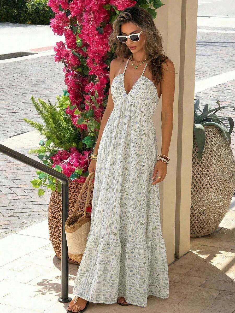 Breezaya 女士性感V领海星印花吊带裙，度假时尚 - 彩色 - 查看 1