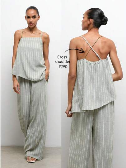 Maija Women's Casual Striped Camisole And Pants 2 Pieces Set, Summer,Summer Clothes, Beach Outfit ,Summer Holiday Outfits,Vacation Outfits For Women Women Vacation Outfit Sets Womens Summer Outfits Womens Summer 2 Piece Sets Casual Outfit For Women Coords Womens Summer Co Ord