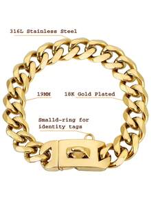 Strong Stainless Steel Dog Collar, Golden Cuban Chain, Buckle Lock, Pet Training Collar, Metal Necklace - Gold - View 4