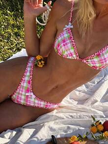 Swim Mod Women's Random Print Spaghetti Strap Bow Tie High Cut Bikini Set, Spring/Summer - Multicolor - View 1