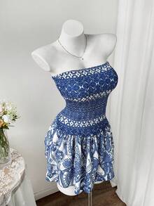 Sweetra Nuevo vestido bohemio de verano con estampado, cintura ceñida y escote sin tirantes - Azul - Ver 4