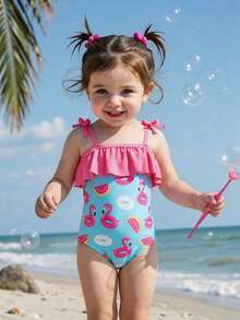 SHEIN Vintaside Kids Bộ đồ bơi liền thân cho bé gái mùa xuân/hè 2026 thời trang mới, thoải mái, co giãn, màu hồng, xếp nếp, phối họa tiết chim hồng hạc dễ thương, kèm nơ 3D trang trí và mũ bơi, thích hợp cho kỳ nghỉ hè. - Hồng - Xem 4