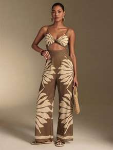Swim Oasis Women's Patchwork Ruched One-Piece Swimsuit And Wide Leg Pants Set, Suitable For Beach Vacation, Pool Party, Beach Party - Brown - View 7