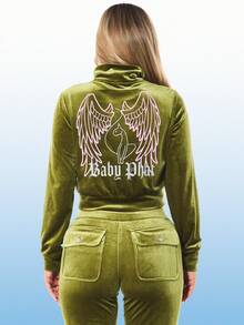 BABYPHAT 女士漏斗领丝绒卫衣，哥特风格，品牌标识，套头长袖，休闲秋冬时尚 - 軍綠色 - 查看 2