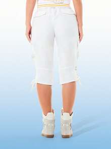 BABYPHAT Women's White Utility Style Capri Pants With Lace Up Hem Detail And Side Pockets For Spring Summer Casual Wear - White - View 2