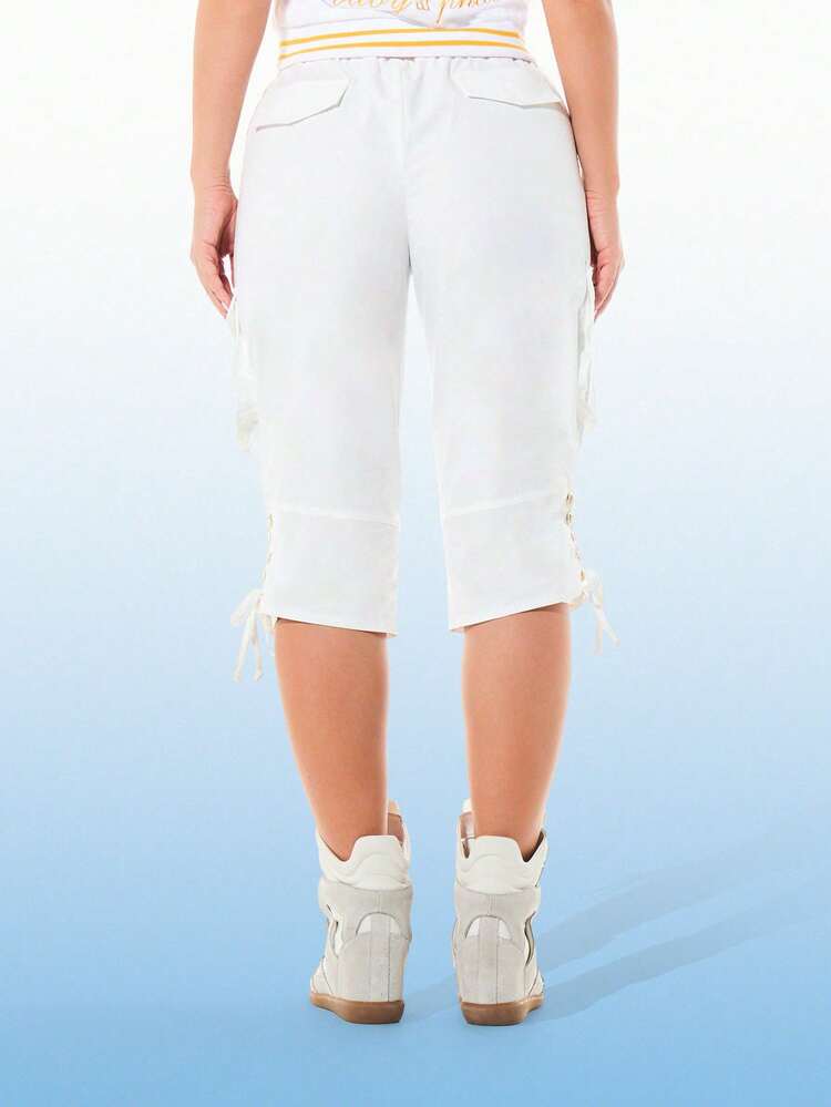 BABYPHAT Women's White Utility Style Capri Pants With Lace Up Hem Detail And Side Pockets For Spring Summer Casual Wear