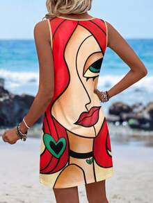 Sylviya 女士圓領數字印花無袖夏季裙子 "愛" - 紅色 - 查看 2