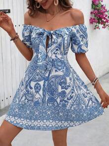 Breezaya Women's White And Blue Floral Paisley Print Off Shoulder Tie Front A Line Mini Dress,Summer Boho Holiday Vacation Holiday Beach Wedding Guest Dress - Blue and White - View 9