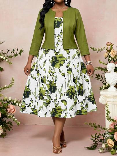SHEIN Lady Plus Size Women's Floral Print Dress And Solid Color Long Sleeve Cardigan Casual Outfit, 2pcs Set Elegant Floral Dress Women Garden Party Dress Spring Dresses For Women Summer Church Dresses For Women Derby Dresses For Women