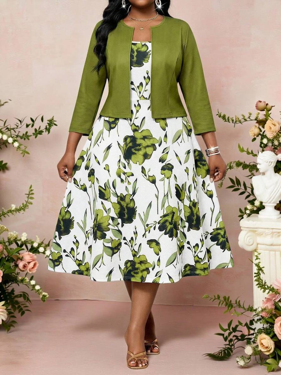 SHEIN Lady Plus Size Women's Floral Print Dress And Solid Color Long Sleeve Cardigan Casual Outfit, 2pcs Set Elegant Floral Dress Women Garden Party Dress Spring Dresses For Women Summer Church Dresses For Women Derby Dresses For Women - Multicolor - View 1