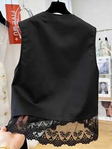 Elenzga Women's Spring/Summer New Elegant Commuting Versatile Minimalist Luxury Business Casual Black Blazer With Lace Patchwork, Loose Fit - Black - View 2