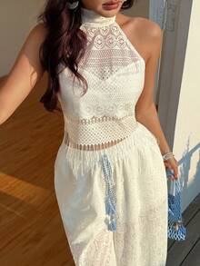 INAWLY Women's Elegant Backless Tassel Hem Halter Top, Summer - White - View 4