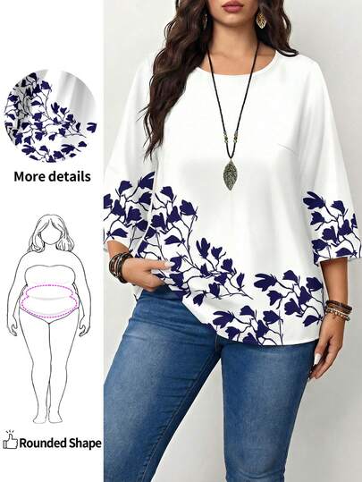 Enliva 休闲简约全身印花大码圆领 3/4 袖衬衫，适合秋冬季