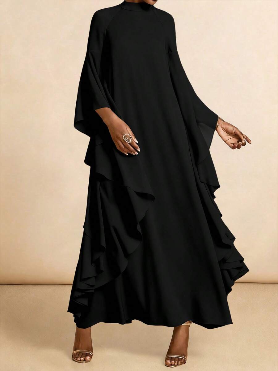 Vesra Burgundy Collared Draped Ruffle Sleeve Loose Robe - Black - View 1