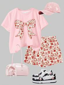 Bộ 2 món cho bé gái tuổi teen, gồm áo thun ngắn tay cổ tròn thắt nơ và quần short họa tiết hoa nhí, thích hợp mặc hàng ngày vào mùa hè, đi chơi, nghỉ mát, du lịch, thư giãn mùa hè. - Nhiều màu - Xem 3