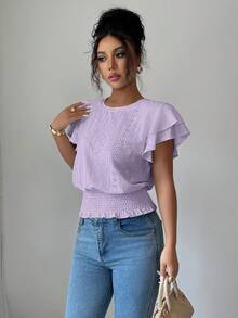 Selianne Kaos Polos Kasual untuk Liburan dengan Bordir Berongga dan Kerah Bulat - Mauve Purple - View 4