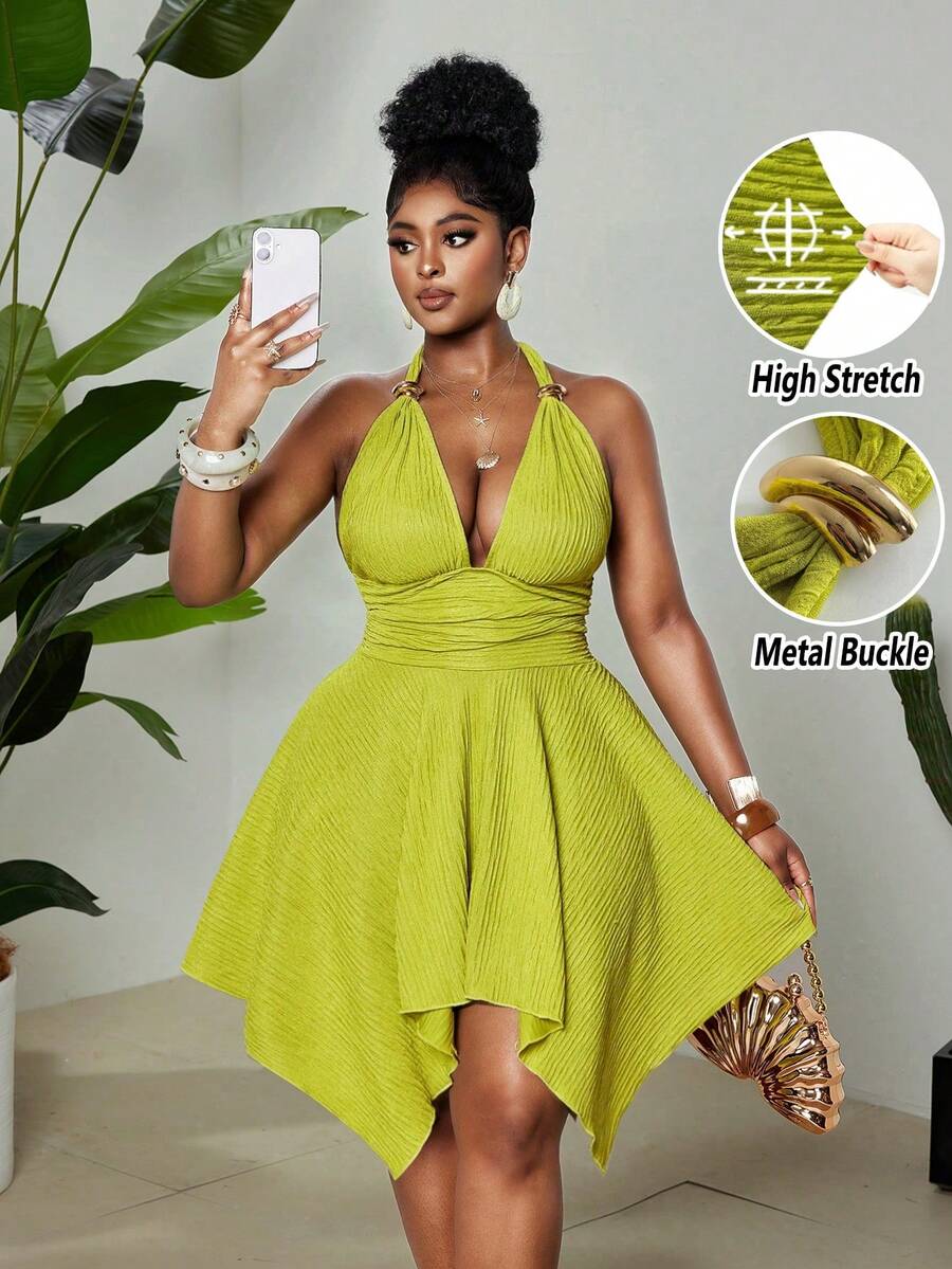 Maweii Đầm cổ yếm thanh lịch dành cho nữ cỡ lớn, chất liệu vải dệt jacquard co giãn cao cấp, cúc trang trí kim loại, nơ thắt ở cổ sau, chống nhăn, thiết kế thắt eo, vạt bất đối xứng, hở lưng, phù hợp cho tiệc tùng, lễ hội âm nhạc, kỳ nghỉ biển, thiết kế đa năng. - màu xanh lá - Xem 1