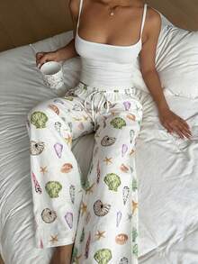 Aloruh 女士春夏休闲新款海星、贝壳印花低腰宽松亚麻抽绳阔腿裤，适合海滩度假 - 彩色 - 查看 7