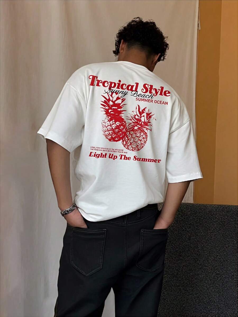 SWAVVY 男士字母菠萝印花圆领休闲短袖T恤 - 白色 - 查看 1