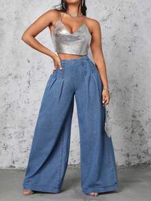 Selenza Quần jeans ống rộng cạp cao dáng rộng, chất liệu wash, cỡ lớn, kiểu dáng thường ngày. - Màu xanh lam - Xem 3