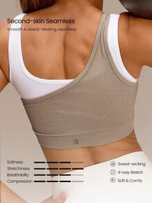GLOWMODE Ultrafine Soft Seamless Chase Your Glow Mock 2-Piece Style Removable Cups Sports Bra Medium Impact Training Running Gym Workout Daily Active Wear - Khaki - View 6