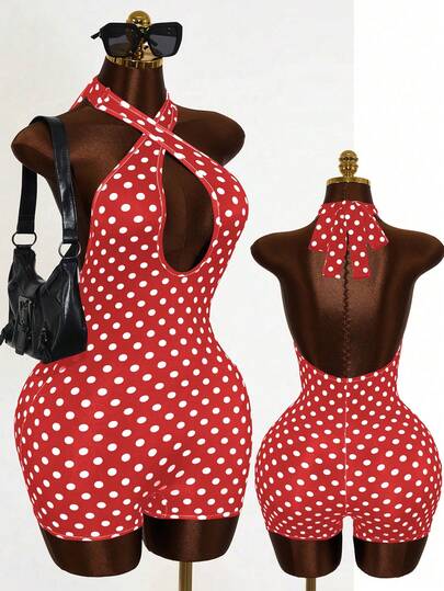 Mistrie Nuevo Llegada Primavera/Verano Casual Mono Sexy con Estampado de Lunares y Escote Halter con Recortes para Mujer