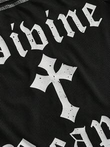 Grunge Punk Sexy Divine Reaper Cross Print Contrast Stitching Black Off-Shoulder T-Shirt - Black - View 3