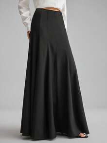 Ontre 女士纯色弹力腰休闲工作裙 - 黑色 - 查看 4