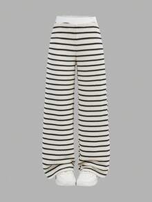 Firerie Kids 少女黑白条纹不对称肩部上衣和宽松长裤两件套，休闲日常百搭，适合外出、旅行、拍照等场合 - 黑與白 - 查看 10