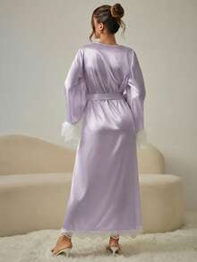 HautHeat Women's Elegant Contrast Lace Faux Feather Decorated Robe - Mauve Purple - View 2