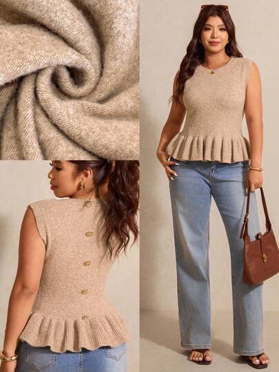 Elaquor Plus Size Women Crew Neck Ruffle Hem Back Button Design Knitted Vest Peplum Tops For Women Light Brown Top Tan Tops Women Coffee Brown Top Spring/Summer Elegant Beach Vacation Going Out Top For Women
