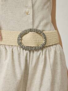 MOTF PREMIUM 1-PIECE WOMEN'S BEIGE STRIPED OVAL BUCKLE DECORATIVE PP GRASS MATERIAL ELASTIC PASTORAL INS WAIST CORSET DRESS JEANS ACCESSORIES DAILY VERSATILE - Beige - View 4