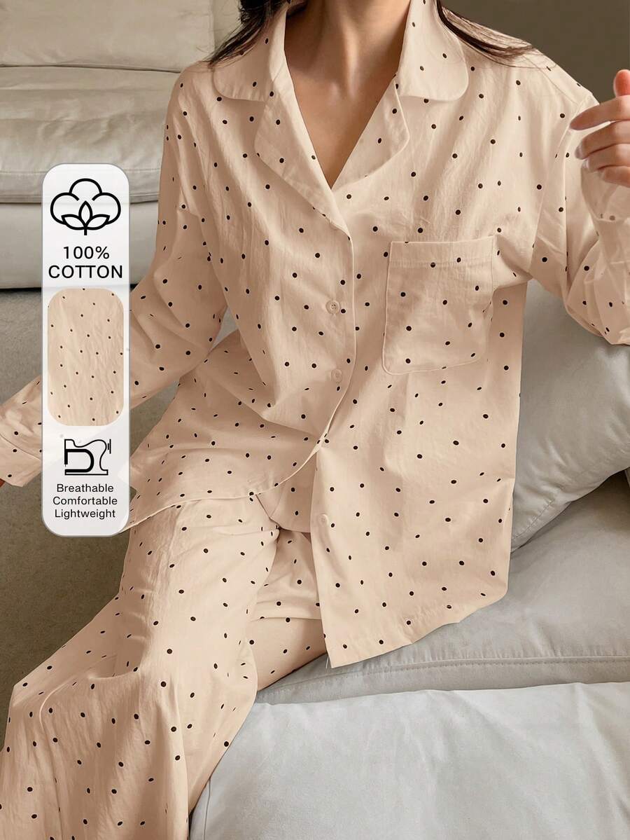 DAZY Set Piyama 2 Potong Motif Polka Dot, Kardigan Lengan Panjang dan Celana Panjang Longgar, Pakaian Tidur Musim Semi Wanita - Baby Pink - View 1