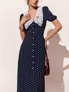 Poéselle Women's Polka Dot Pattern Short Petal Sleeve Single-Breasted Elegant Long Dress - Navy Blue - View 5