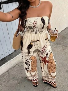 SHEIN LUNE Bộ áo liền quần cổ yếm in họa tiết nhiệt đới dành cho nữ cỡ lớn, thích hợp cho kỳ nghỉ hè. - Nhiều màu - Xem 4