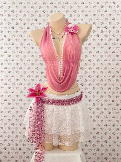 SuriyaCove Áo hai dây gợi cảm cổ yếm phối ren dành cho nữ, thích hợp cho kỳ nghỉ.