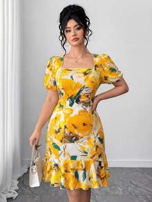 Elenzga Vestido de fiesta elegante con cintura ceñida y estampado floral para mujer de talla grande - Amarillo - Ver 5