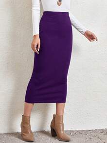 EMERY ROSE Plus Size Elegant Solid Color Fitted Skirt, Suitable For Commuting In Summer - Violet Purple - View 3