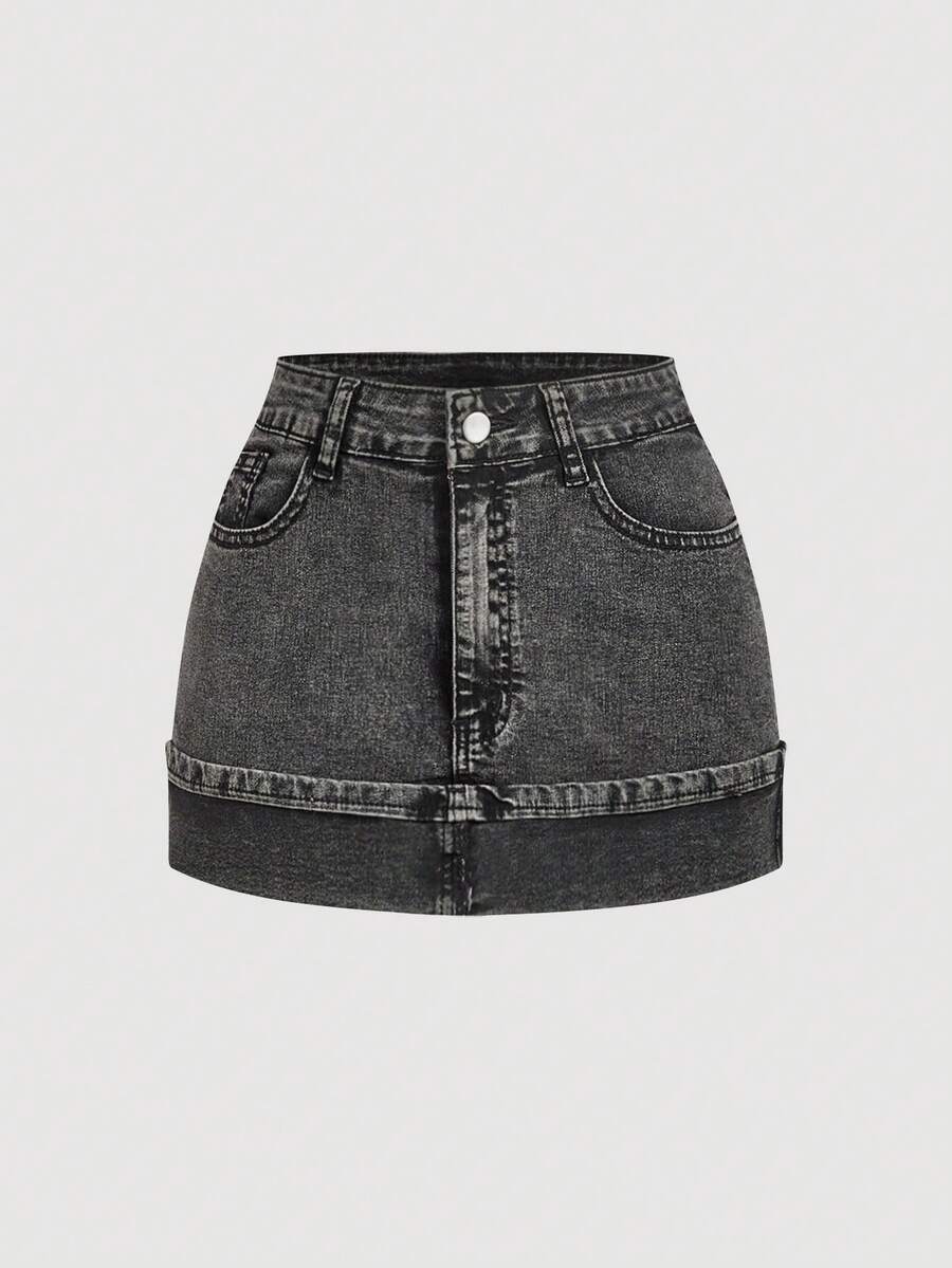SHEIN MOD Chân váy ngắn denim bạc màu phong cách thường ngày dành cho nữ, mùa hè. - Xám - Xem 1